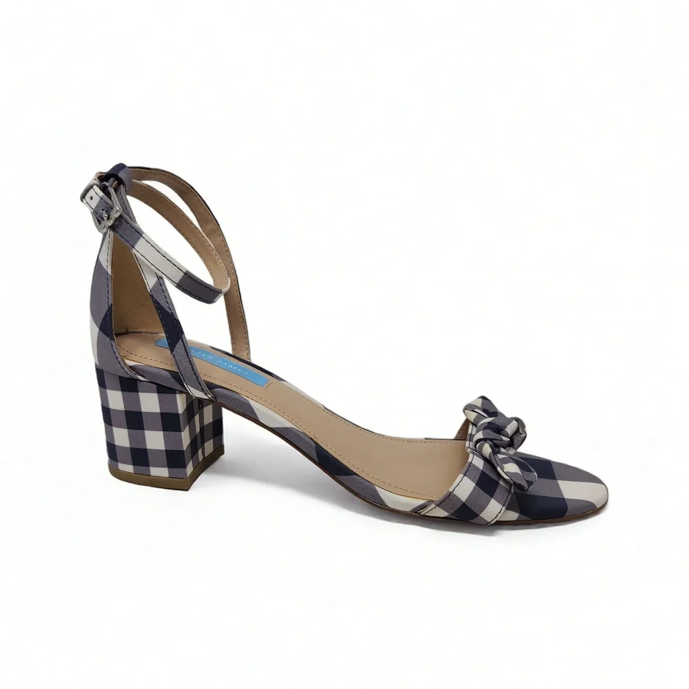 Draper James Gingham Block Heel Sandals Open Toe Knot Ankle Strap Size 8.5